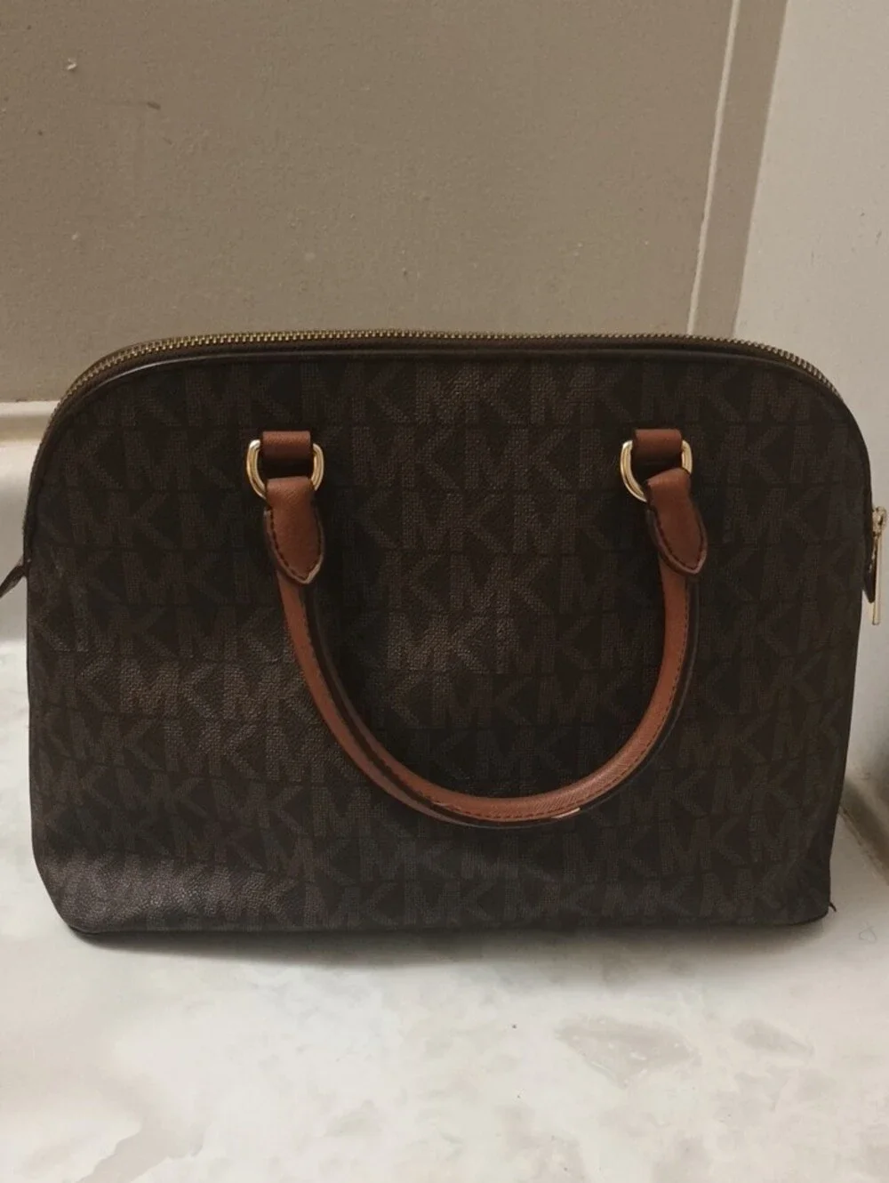 Michael Kors Brown Monogram Dome Satchel with Tan Trim